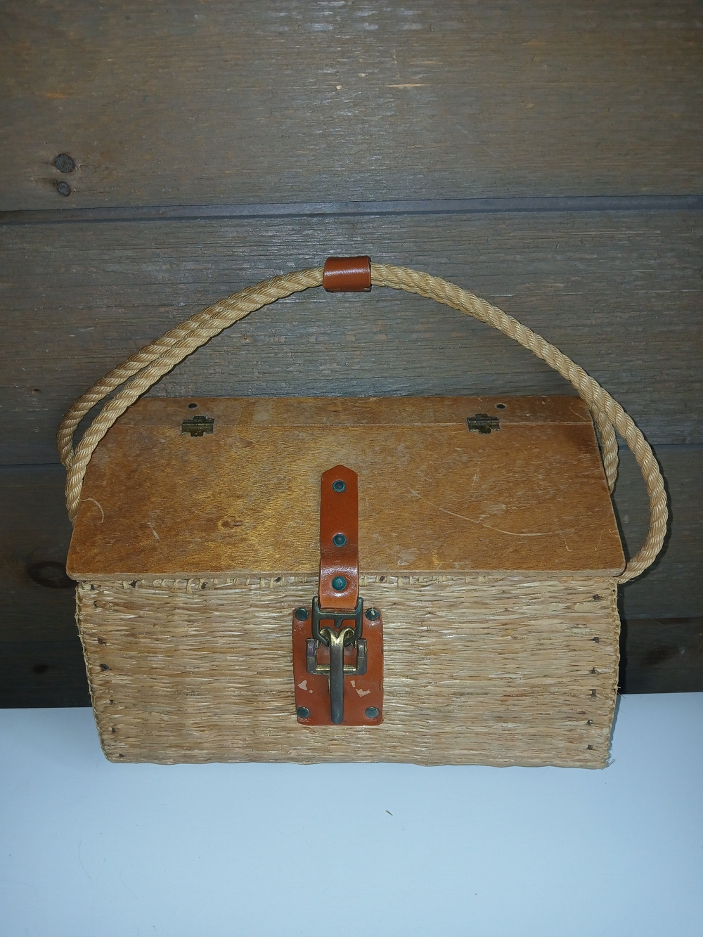 Wicker Wood Fishing Box Leather & Metal Latch Rustic Cabin Picnic Man Cave